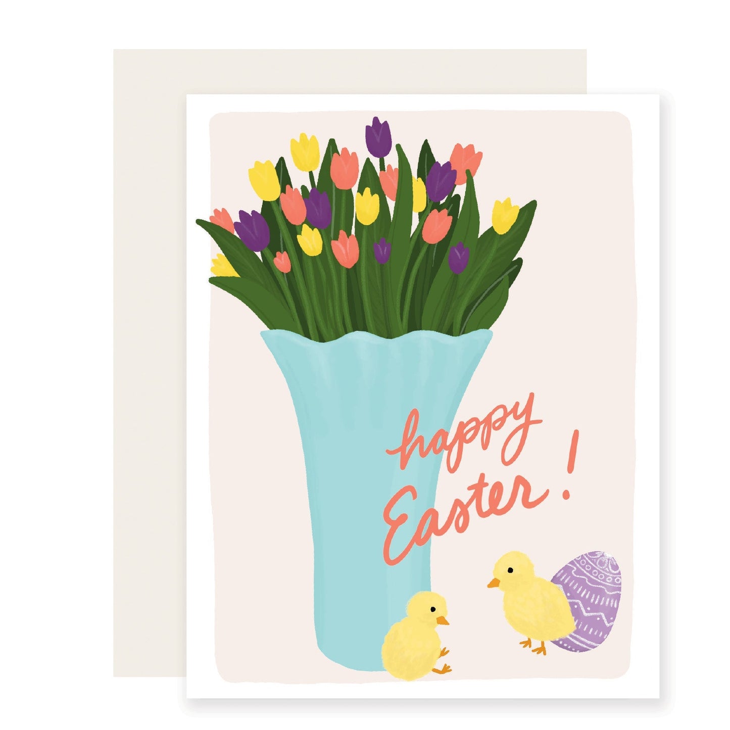 A vibrant Easter card featuring a beautifully illustrated tulip bouquet on the front, accompanied by the text 'Happy Easter'.