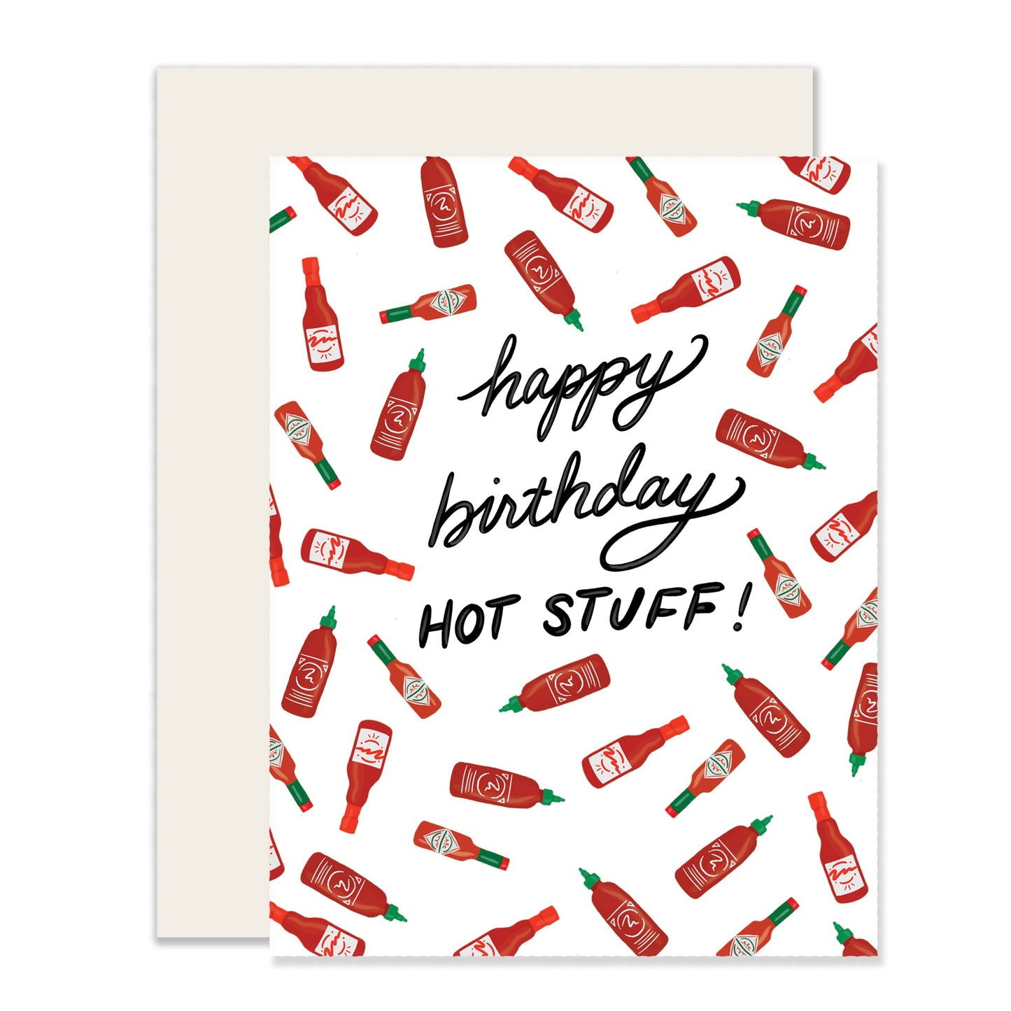 Birthday card with the message 'Happy Birthday Hot Stuff' adorned with an array of small hot sauce bottles on the front, ideal for the fiery and hot sauce aficionado in your life.