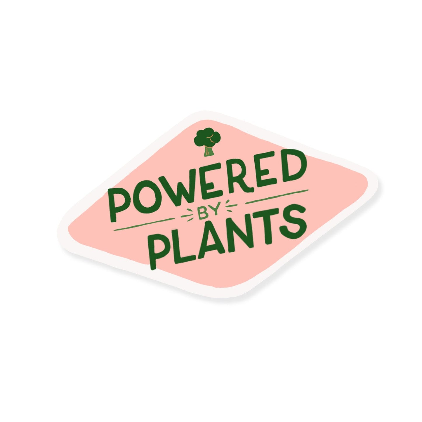 Sticker with the text 'Powered by Plants' in bold, green font, featuring a small broccoli illustration, set against a light pink background.