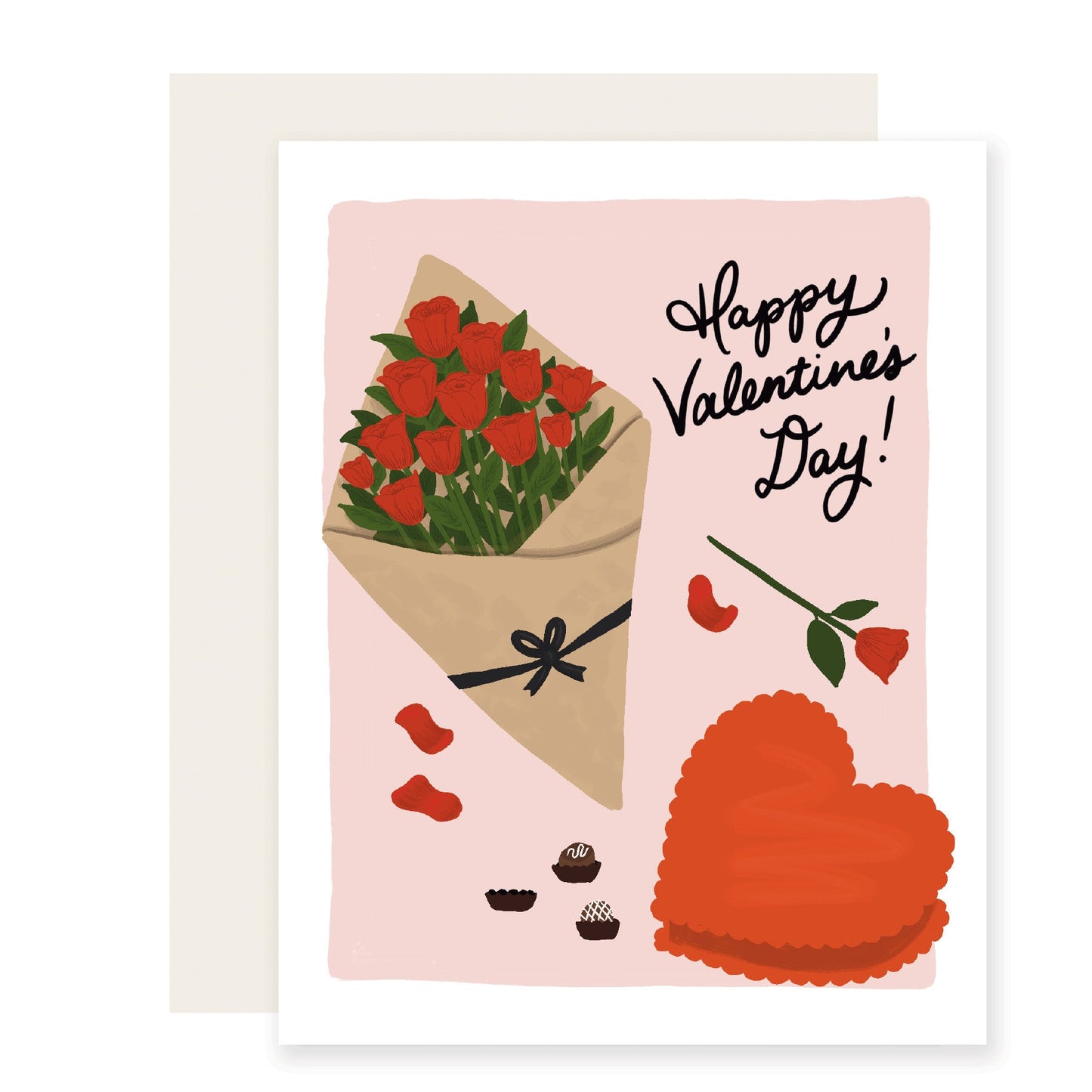 A Valentine's Day card adorned with the charm of roses and chocolates, this adorably illustrated Valentine's Day card reads, 'Happy Valentine's Day.' A surefire way to captivate your loved one's heart and spread warmth on this special day.