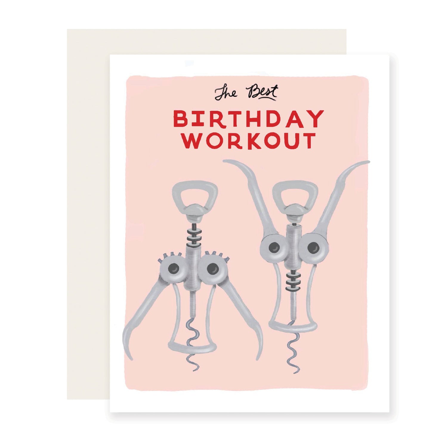 Amusing birthday card for wine enthusiasts with the caption 'birthday workout.' The card features animated wine openers engaged in comical jumping jacks, capturing the delightful and playful essence of the occasion!