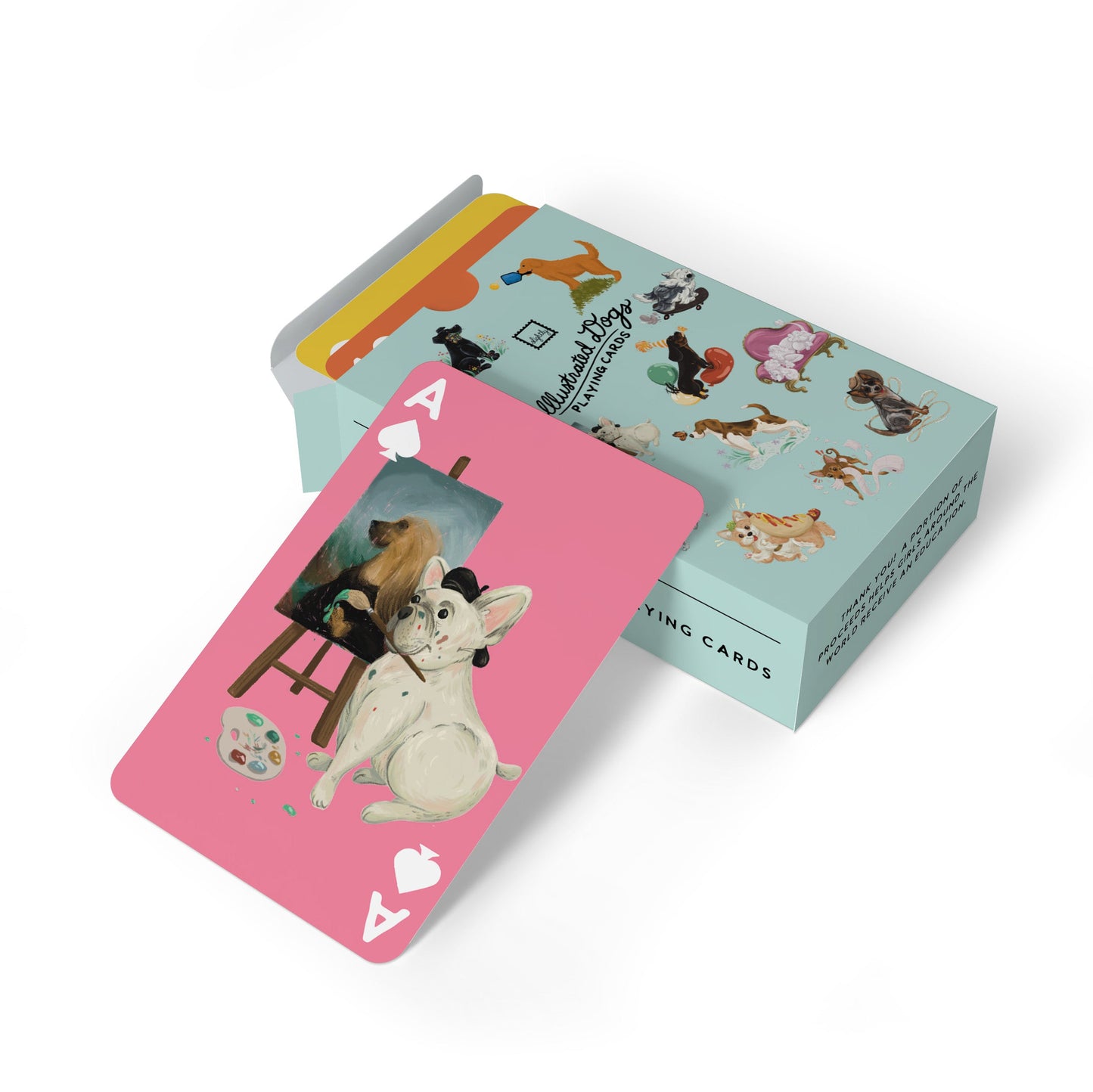 A deck of playing cards featuring adorably illustrated dogs on each card. The cards are vibrant and ideal for both dog lovers and card game enthusiasts. A perfect gift choice for anyone who adores dogs. 🐶🃏🎁