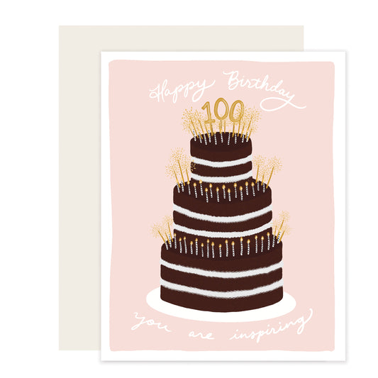 Happy 100th Birthday Card. An illustrated 100th milestone birthday card featuring a three-tiered cake with numerous candles, 'Happy Birthday' at the top, and 'You are inspiring' at the bottom.