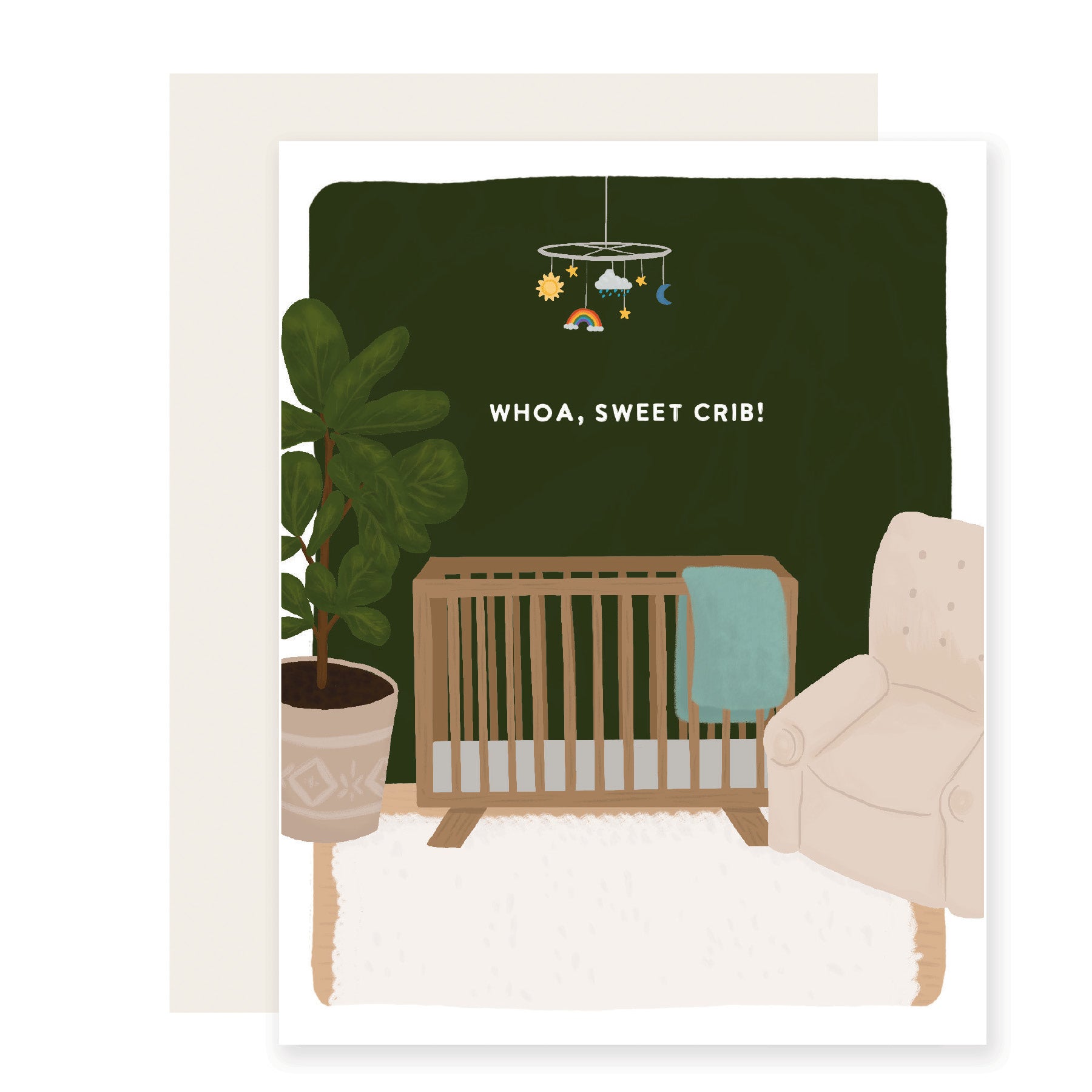 A whimsical new baby card featuring a beautifully illustrated nursery with a crib. The card reads 'Woah, sweet crib,' adding a playful touch to welcome the new arrival.