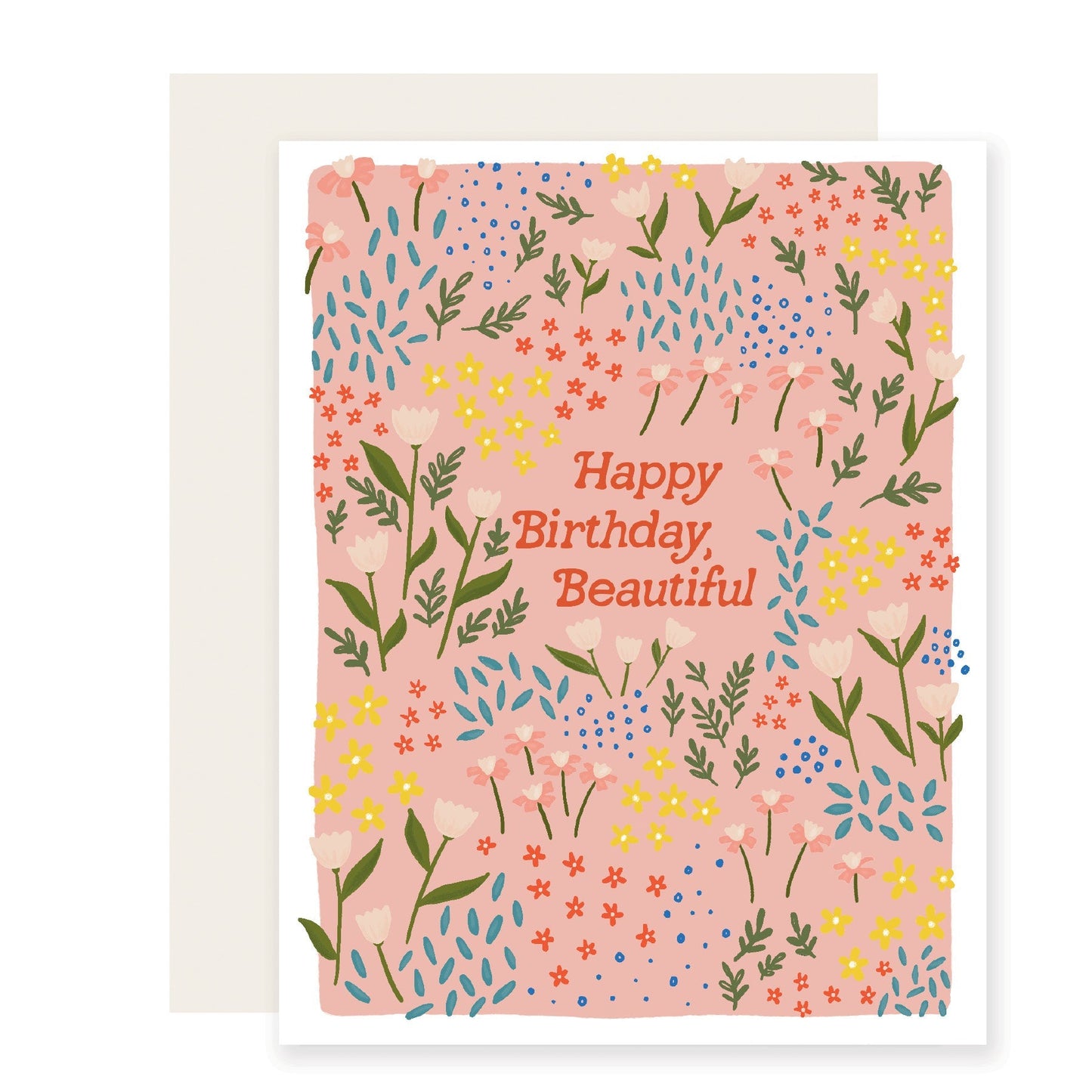  A light pink birthday card elegantly decorated with soft, delicate flowers in pastel shades. It prominently displays 'Happy Birthday Beautiful' in graceful script, adding a warm and affectionate touch.