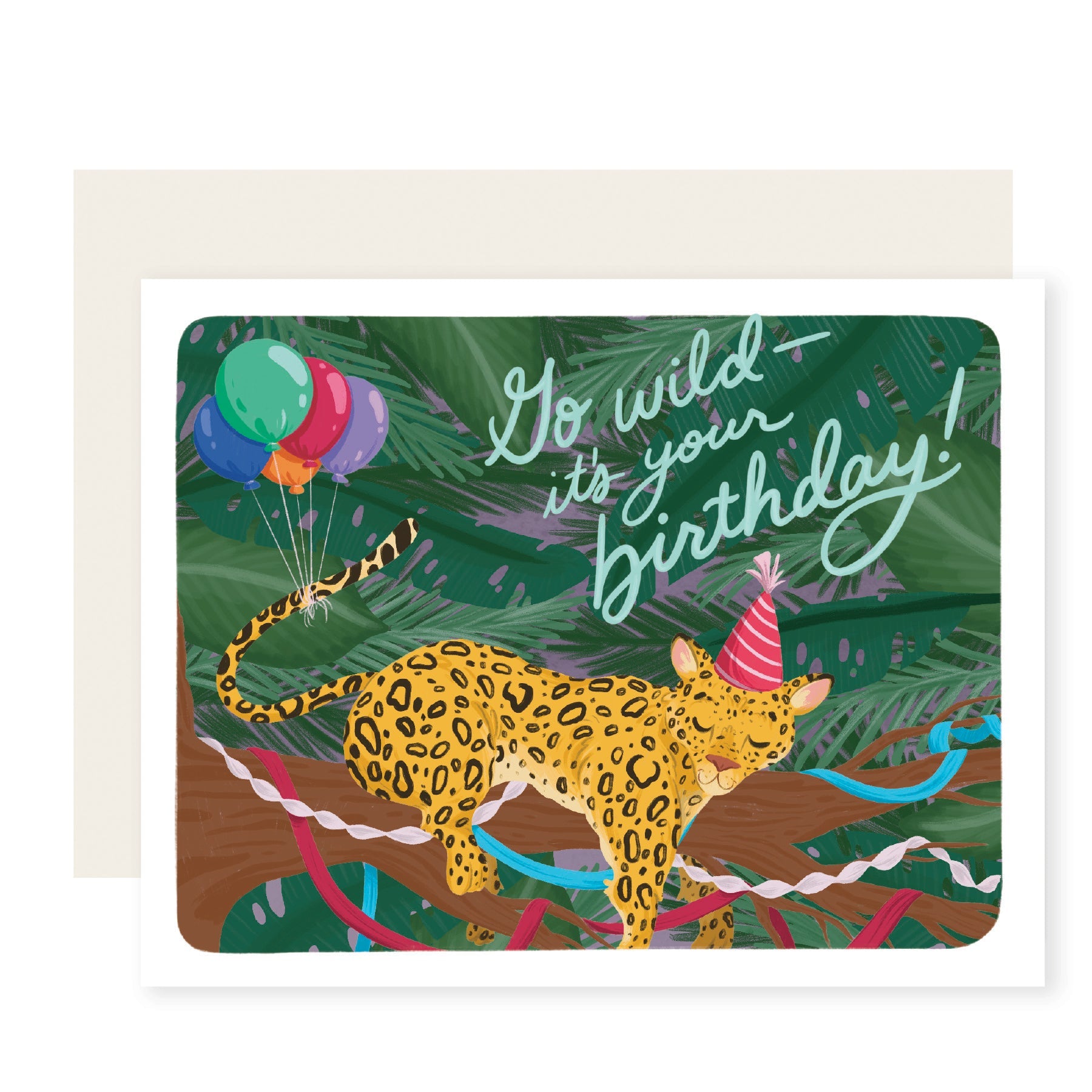 Vibrant birthday card with a leopard in a party hat, napping in a decorated jungle. It reads 'Go Wild - It's Your Birthday!'