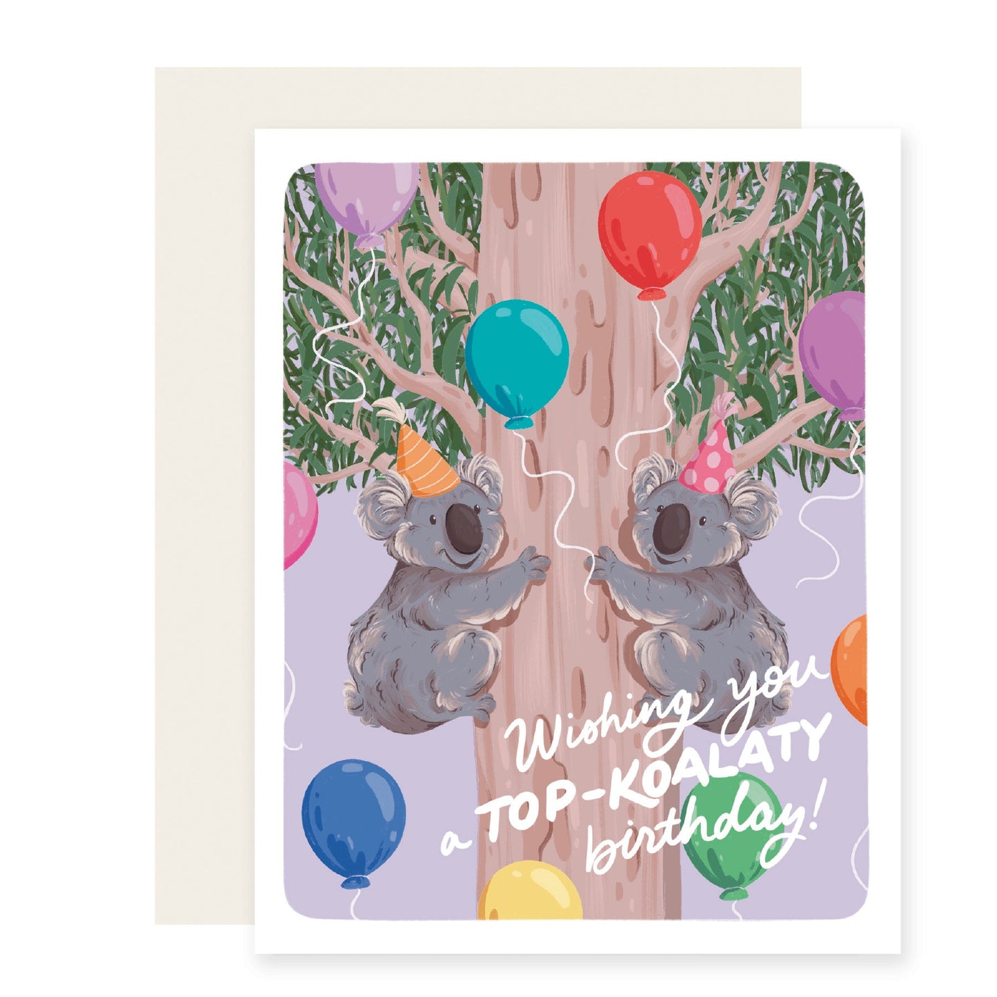 Vibrant birthday card featuring two koalas in a tree wearing party hats, with colorful balloons. The card reads 'Wishing you a top koalaty birthday.'