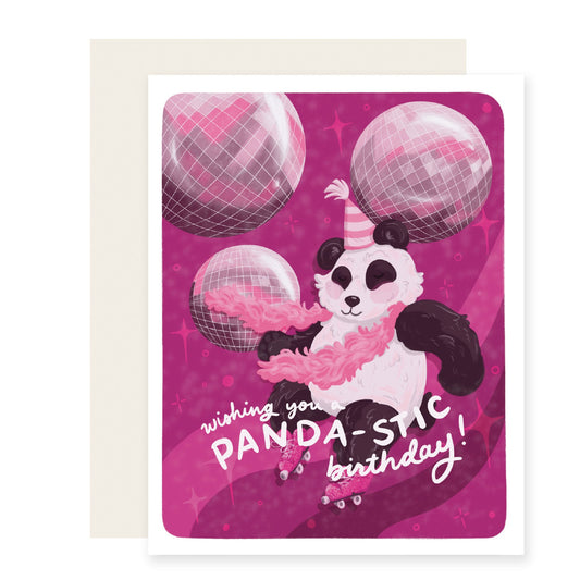 Birthday card with a panda roller skating surrounded by disco balls, featuring the text 'Have a panda-stic birthday.