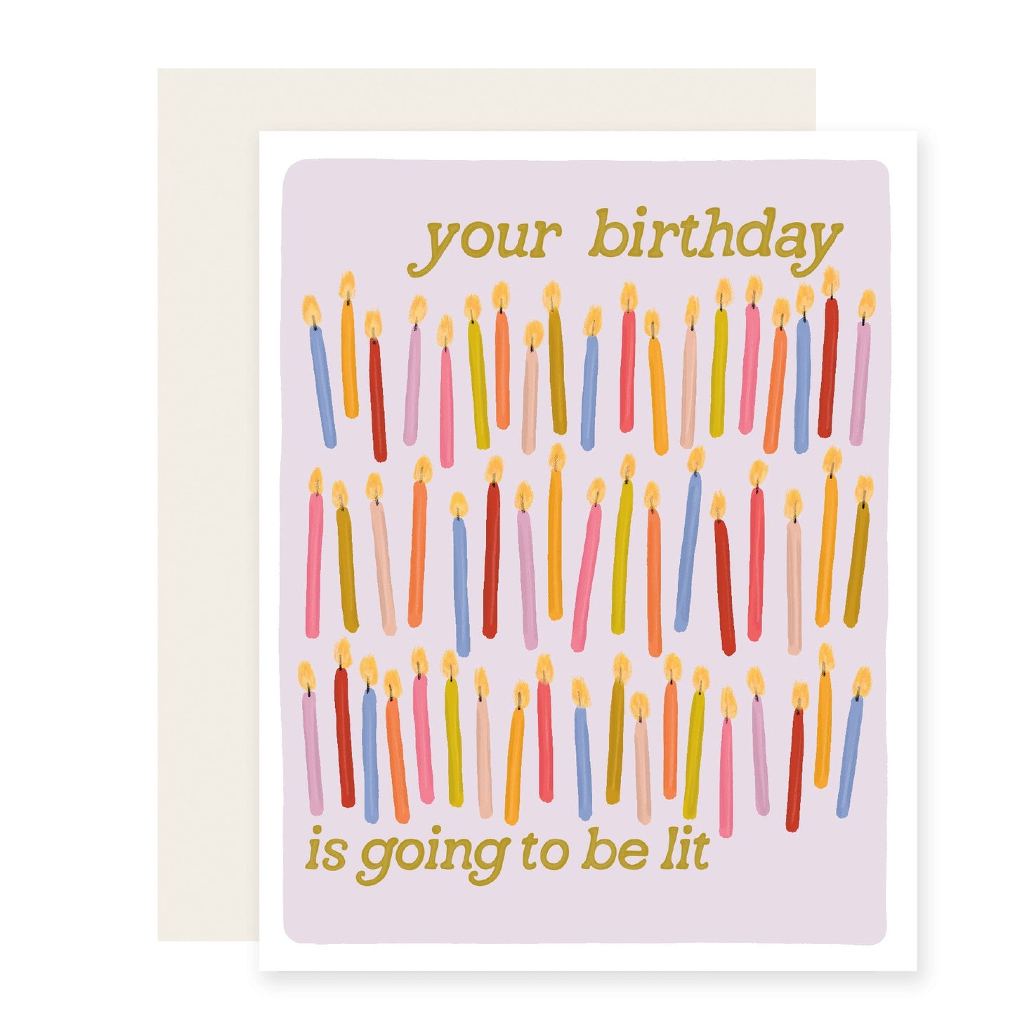 Colorful birthday card with illustrated candles on the front, featuring the text 'Your birthday is going to be super lit.'