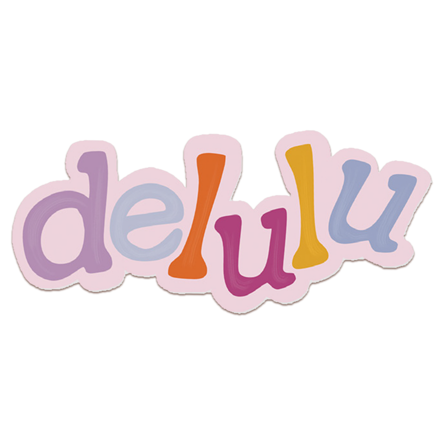 A vibrant, playful sticker with the word 'delulu' in bold, colorful letters. 
