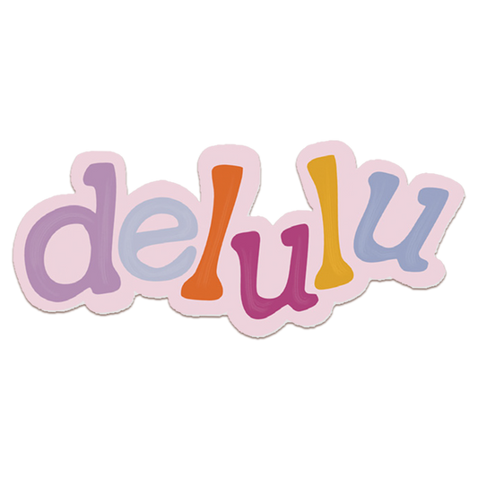 A vibrant, playful sticker with the word 'delulu' in bold, colorful letters. 