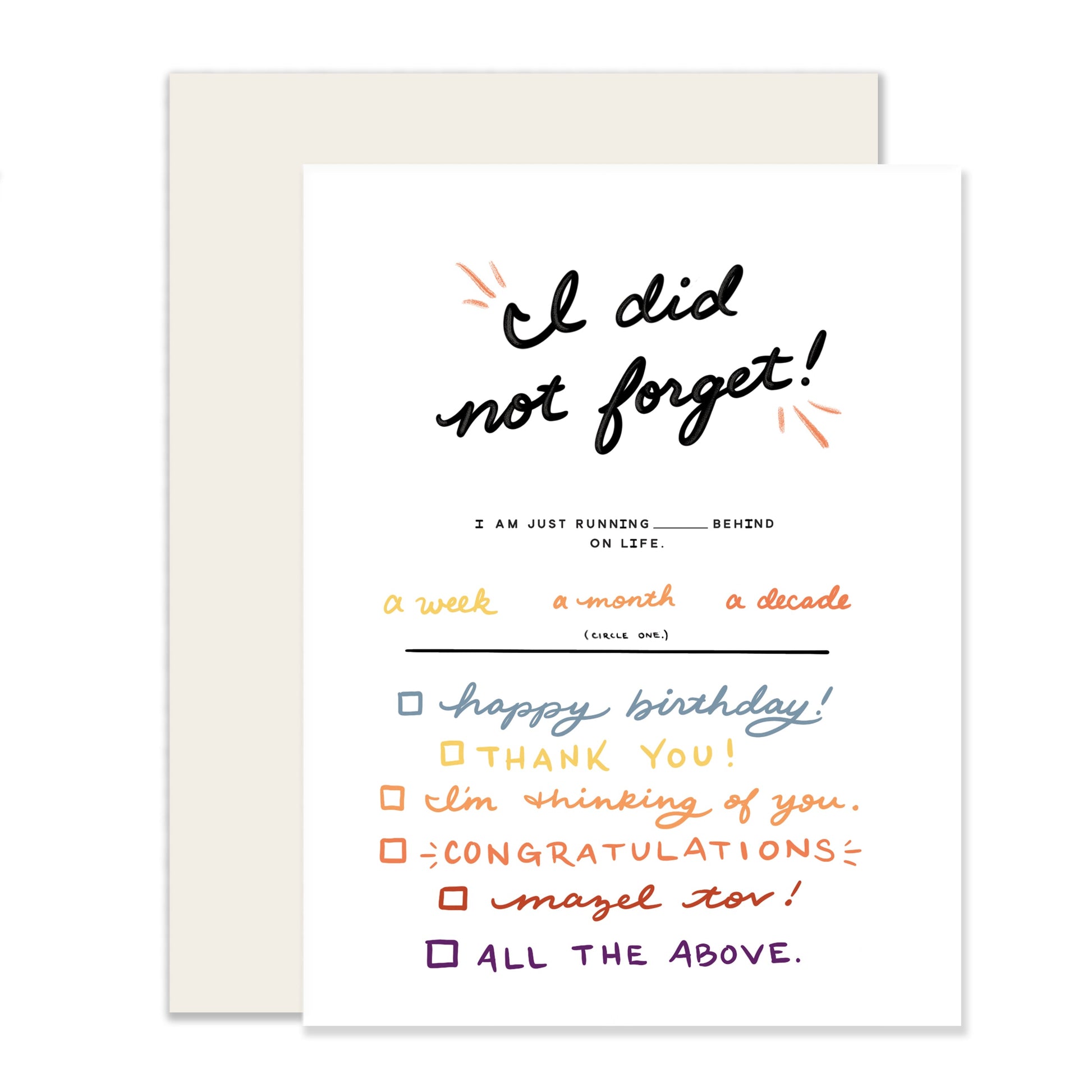 A humorous card ticking all the boxes for catching up on missed holidays—a playful and cheerful way to spread laughter and warm wishes.