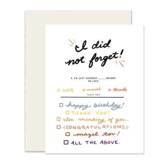 A humorous card ticking all the boxes for catching up on missed holidays—a playful and cheerful way to spread laughter and warm wishes.