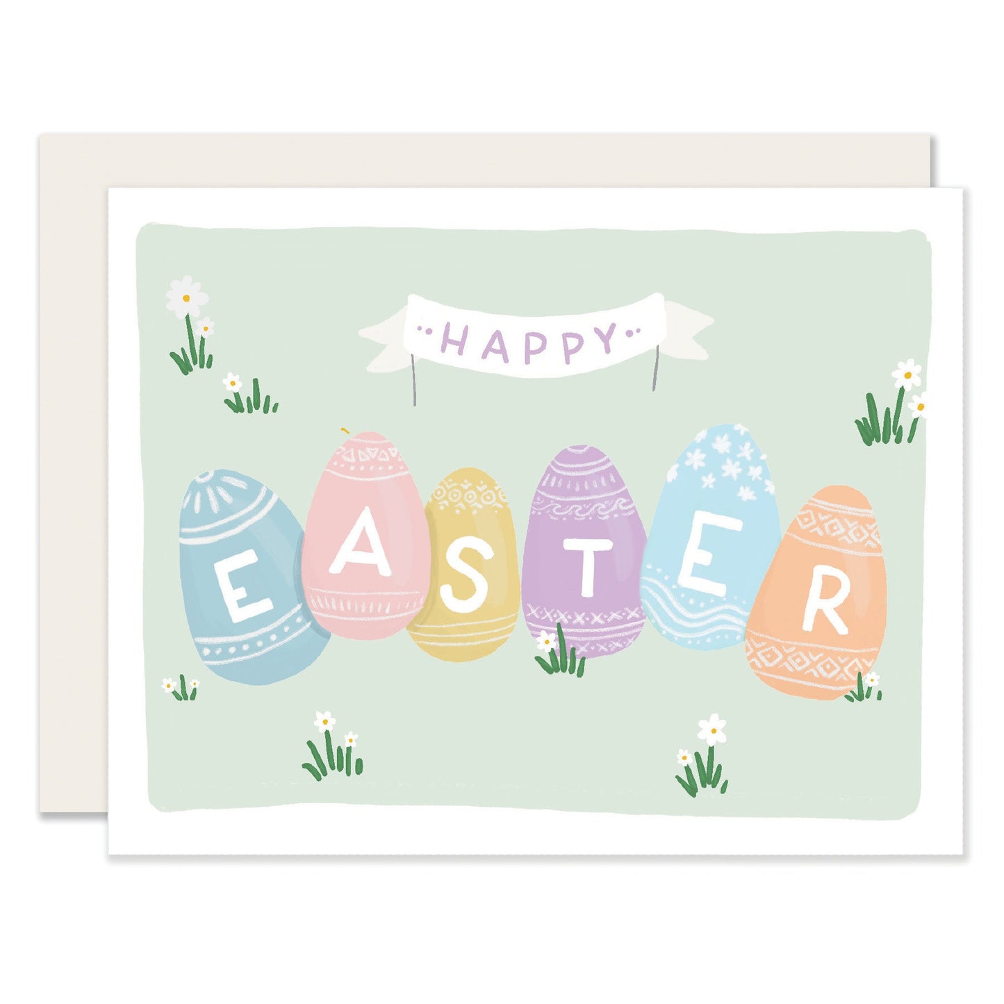 A delightful Easter card featuring pastel-colored eggs with the words 'Happy Easter.' Playful Easter eggs are nestled in light green grass, creating a charming scene reminiscent of an Easter egg hunt.