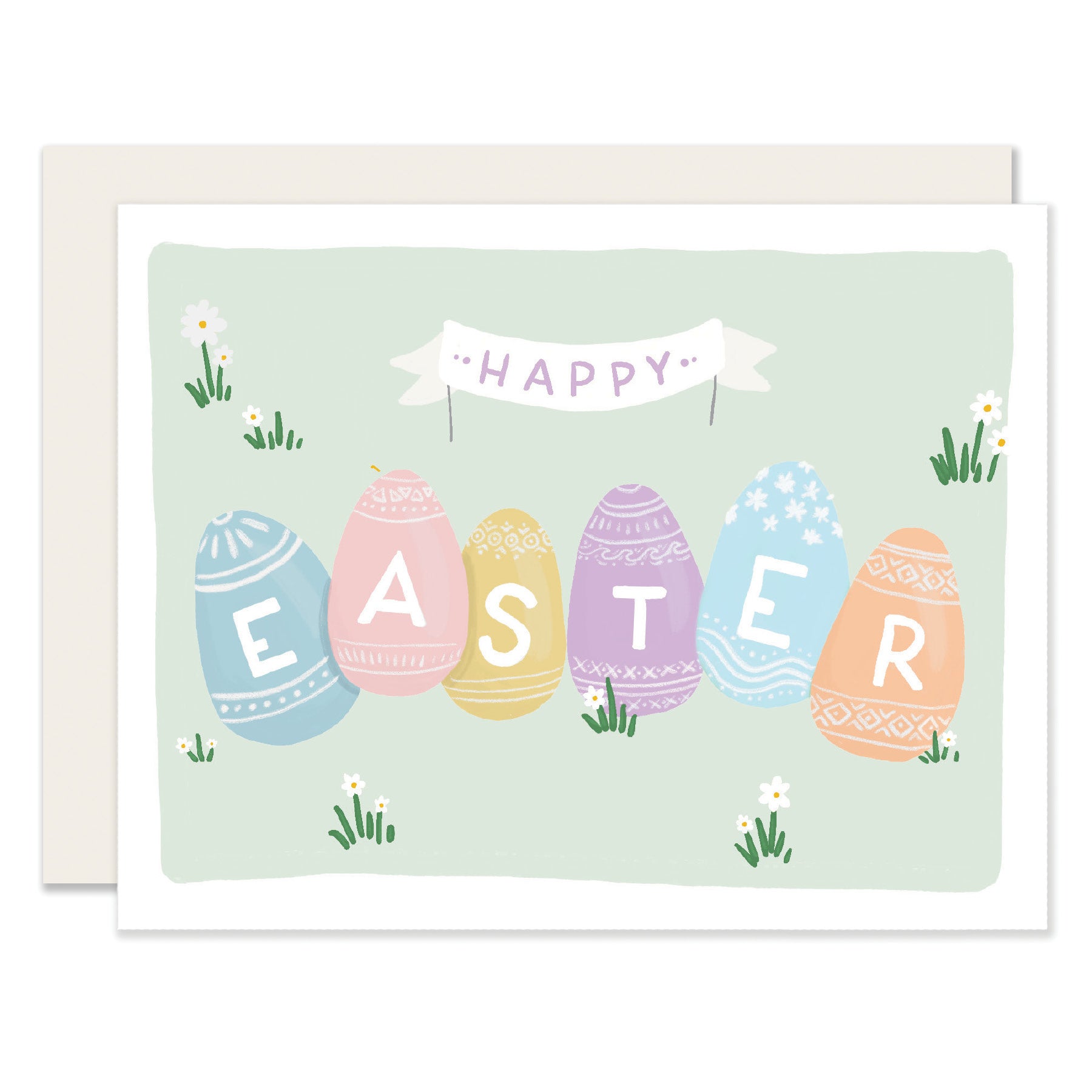 A delightful Easter card featuring pastel-colored eggs with the words 'Happy Easter.' Playful Easter eggs are nestled in light green grass, creating a charming scene reminiscent of an Easter egg hunt.