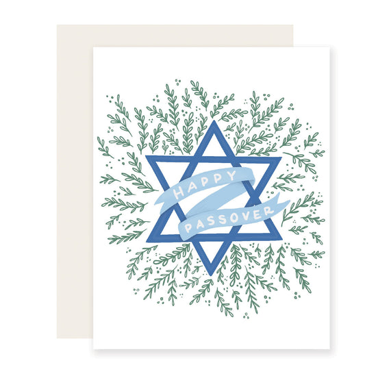 A Happy Passover card with a white background featuring an elegant blue Star of David as the focal point. Delicate green sprigs surround the star, creating a simple and elegant design, symbolizing warm Passover wishes.