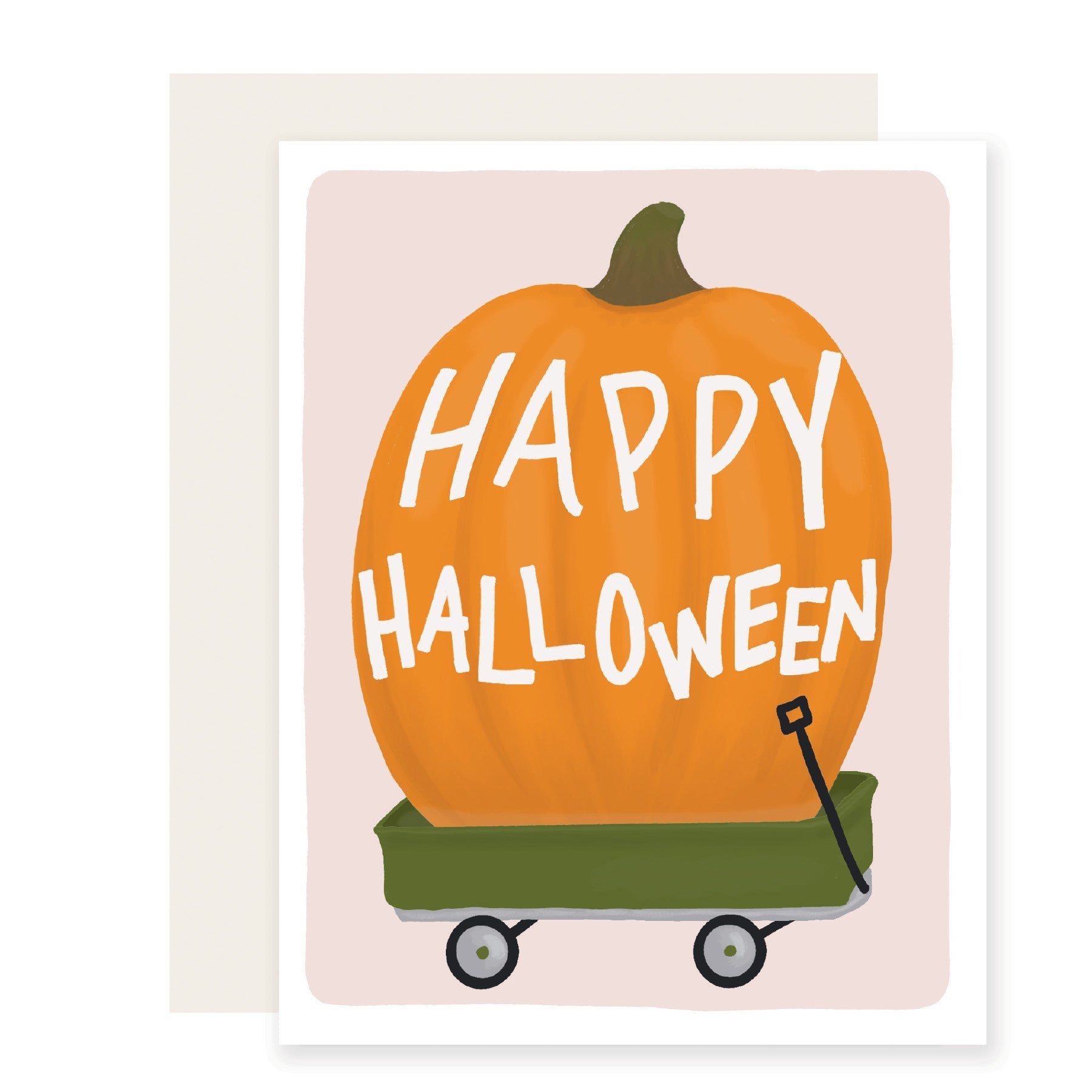 An adorable Halloween card featuring a very large illustrated pumpkin in a green wagon, accompanied by the text 'Happy Halloween'.
