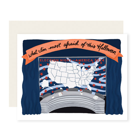 An illustration of a news desk with a map of the USA behind it. The text on the card reads 'What I'm most afraid of this Halloween,' and above the map of the USA, it reads 'Election night in America 2024.