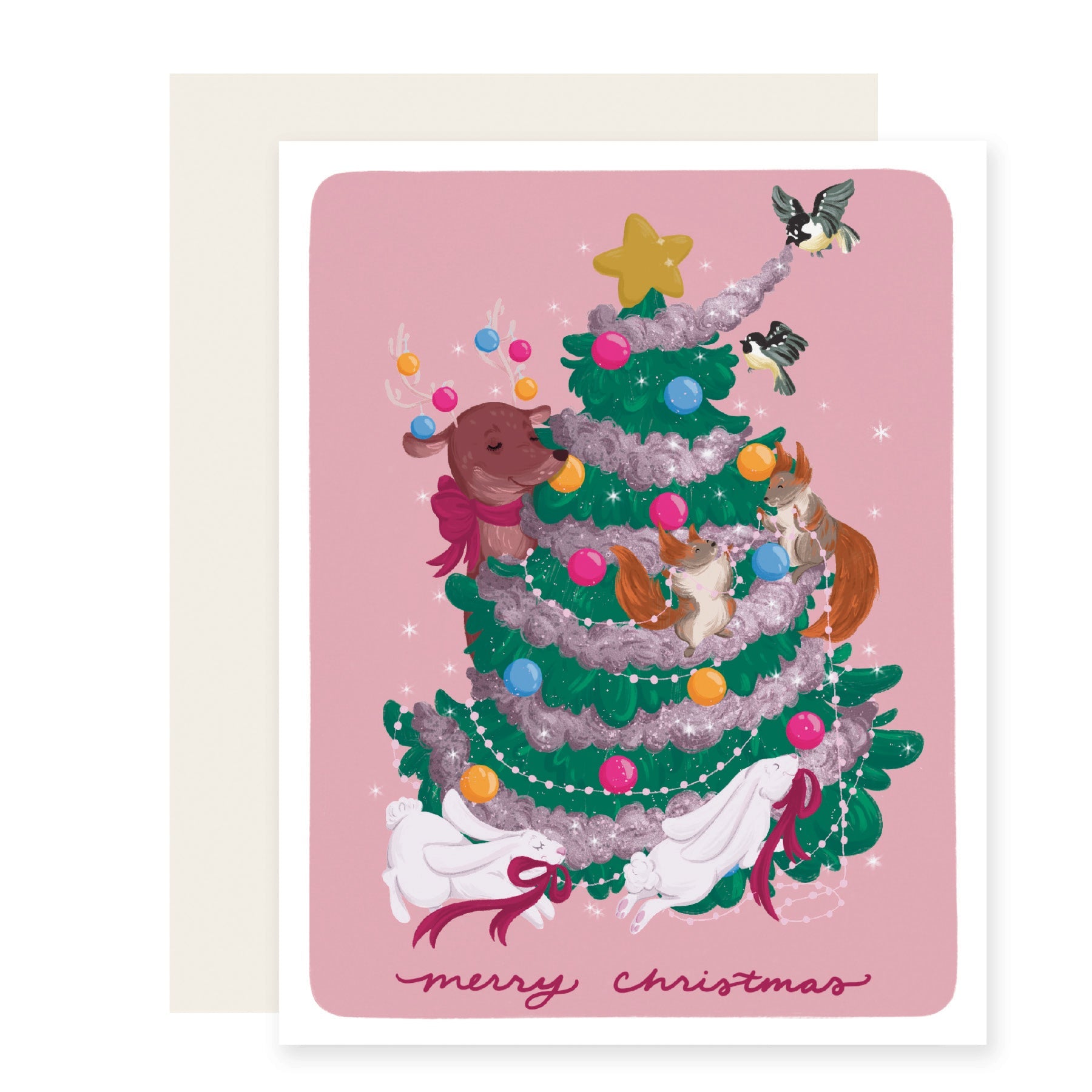  A beautifully illustrated Christmas card featuring vibrant woodland creatures playfully decorating a Christmas tree, with the text 'Merry Christmas'.