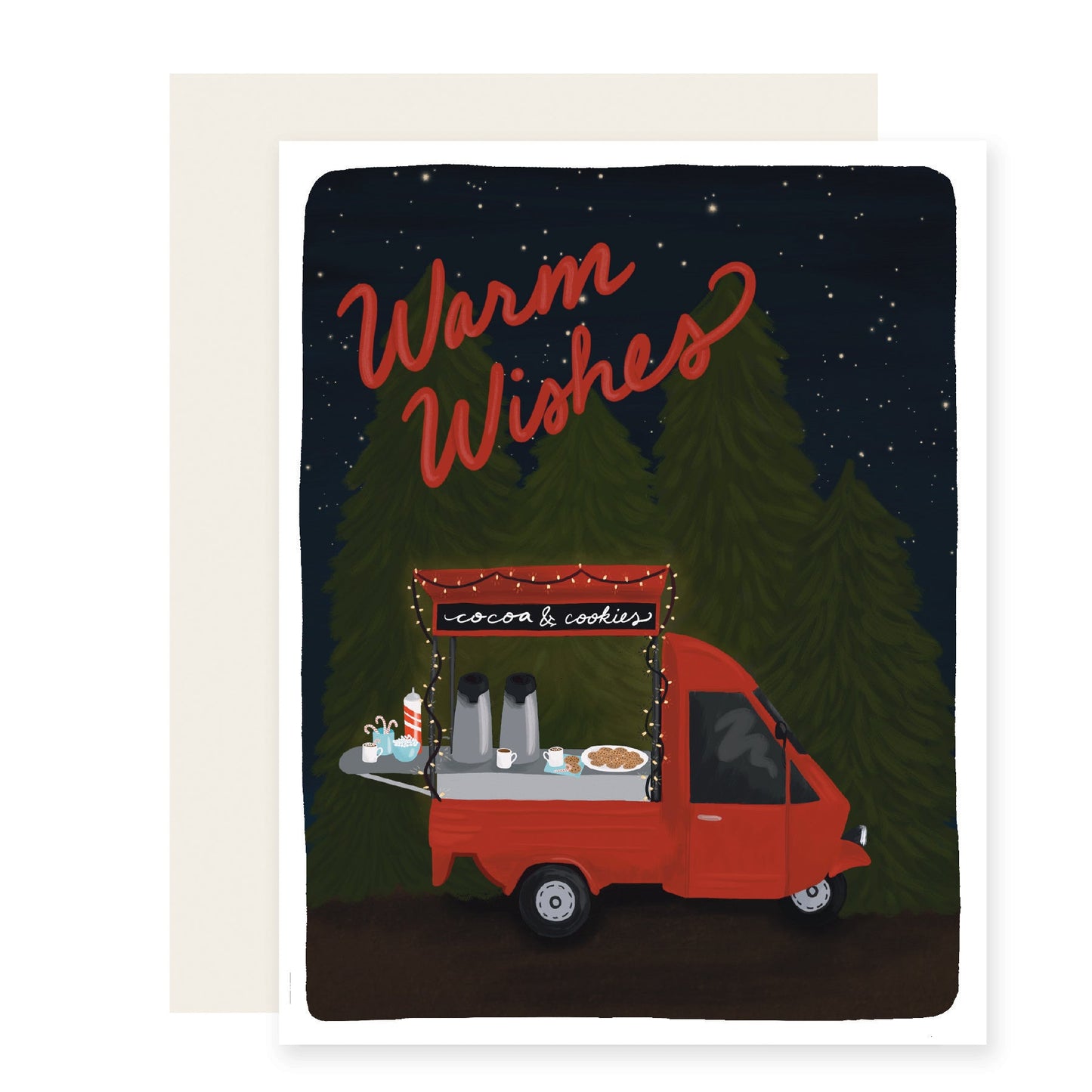 Against a starry night sky backdrop, a charming hot cocoa food truck stands, surrounded by towering evergreen trees. The card reads 'Warm Wishes', radiating coziness and holiday cheer.
