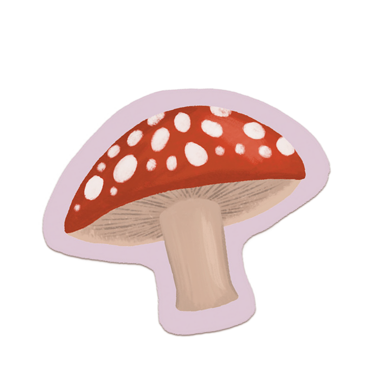 Sticker with a light pink background featuring a red mushroom with white polka dots and a white stem.