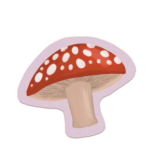 Sticker with a light pink background featuring a red mushroom with white polka dots and a white stem.