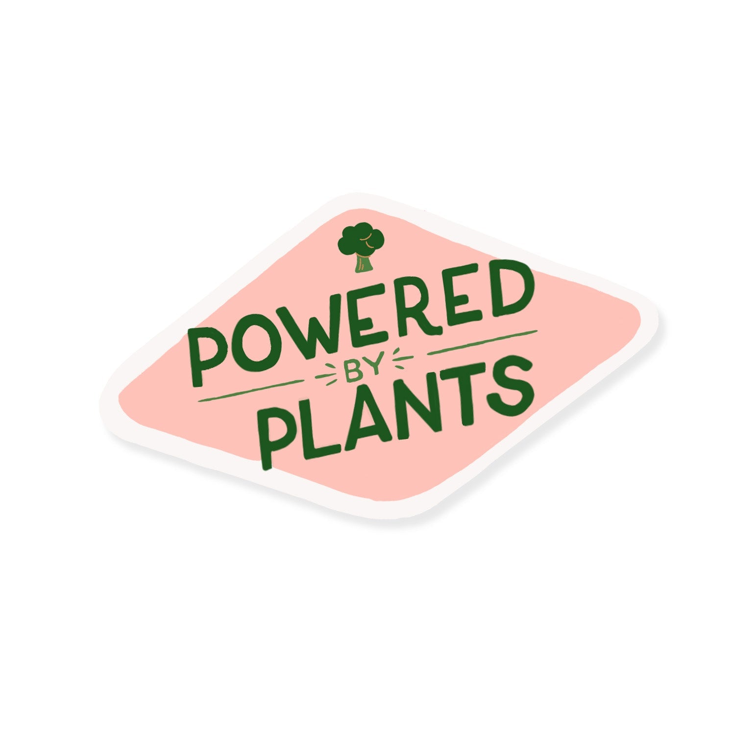 Sticker with the text 'Powered by Plants' in bold, green font, featuring a small broccoli illustration, set against a light pink background.