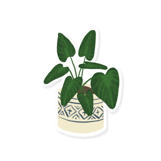 A sticker featuring a simple illustration of an Alocasia plant with large, green arrow-shaped leaves