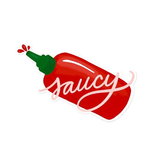 An image of a hot sauce sticker that simply declares 'Saucy.' Add a dash of flavor to your day!