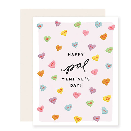 Charmingly illustrated Palentine's Day card featuring a light pink background, adorned with iconic Valentine's conversation heart candy. The text joyfully declares, 'Happy Palentine's Day'. 