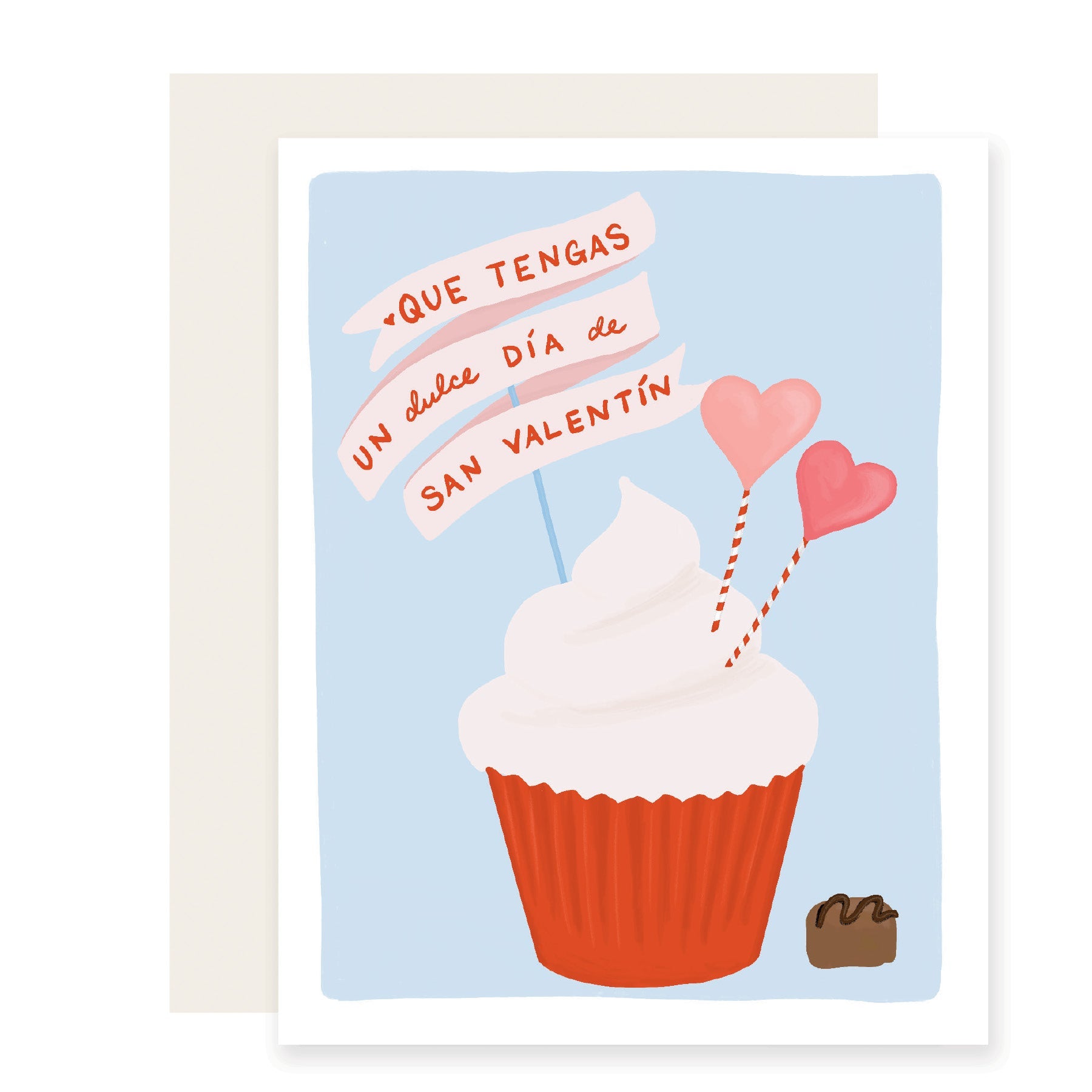 Playfully illustrated Valentine's Day card with 'que tengas un dulce día de San Valentín" from Spanish to English is "may you have a sweet Valentine's Day.' written in Spanish, featuring a delightful cupcake. A sweet and charming expression for the occasion