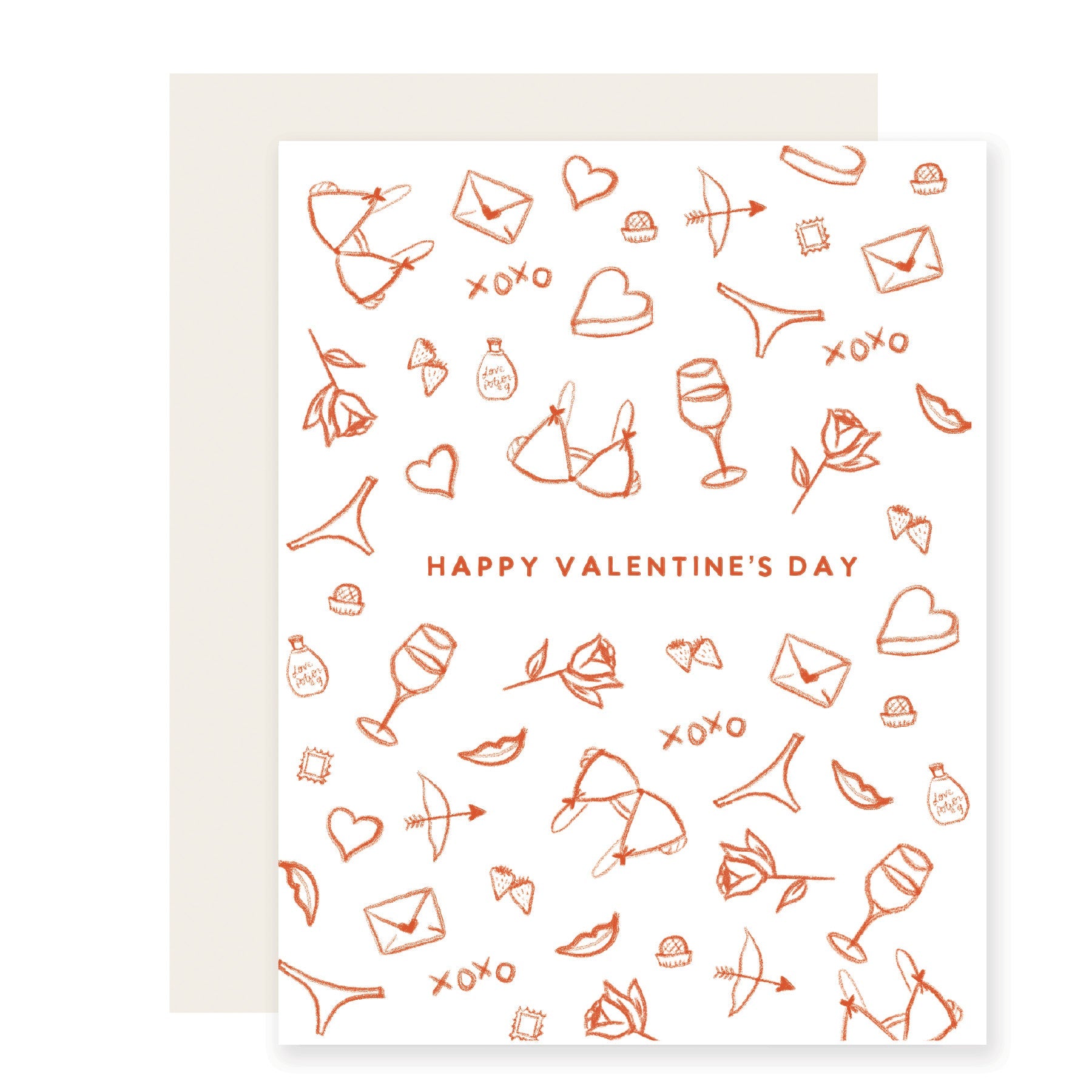 Whimsical Valentine's Day card featuring playful sketches of hearts, lingerie, chocolates, and roses, capturing all the classic romantic vibes. The message reads 'Happy Valentine's Day.