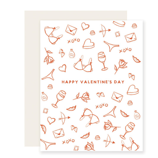 Whimsical Valentine's Day card featuring playful sketches of hearts, lingerie, chocolates, and roses, capturing all the classic romantic vibes. The message reads 'Happy Valentine's Day.