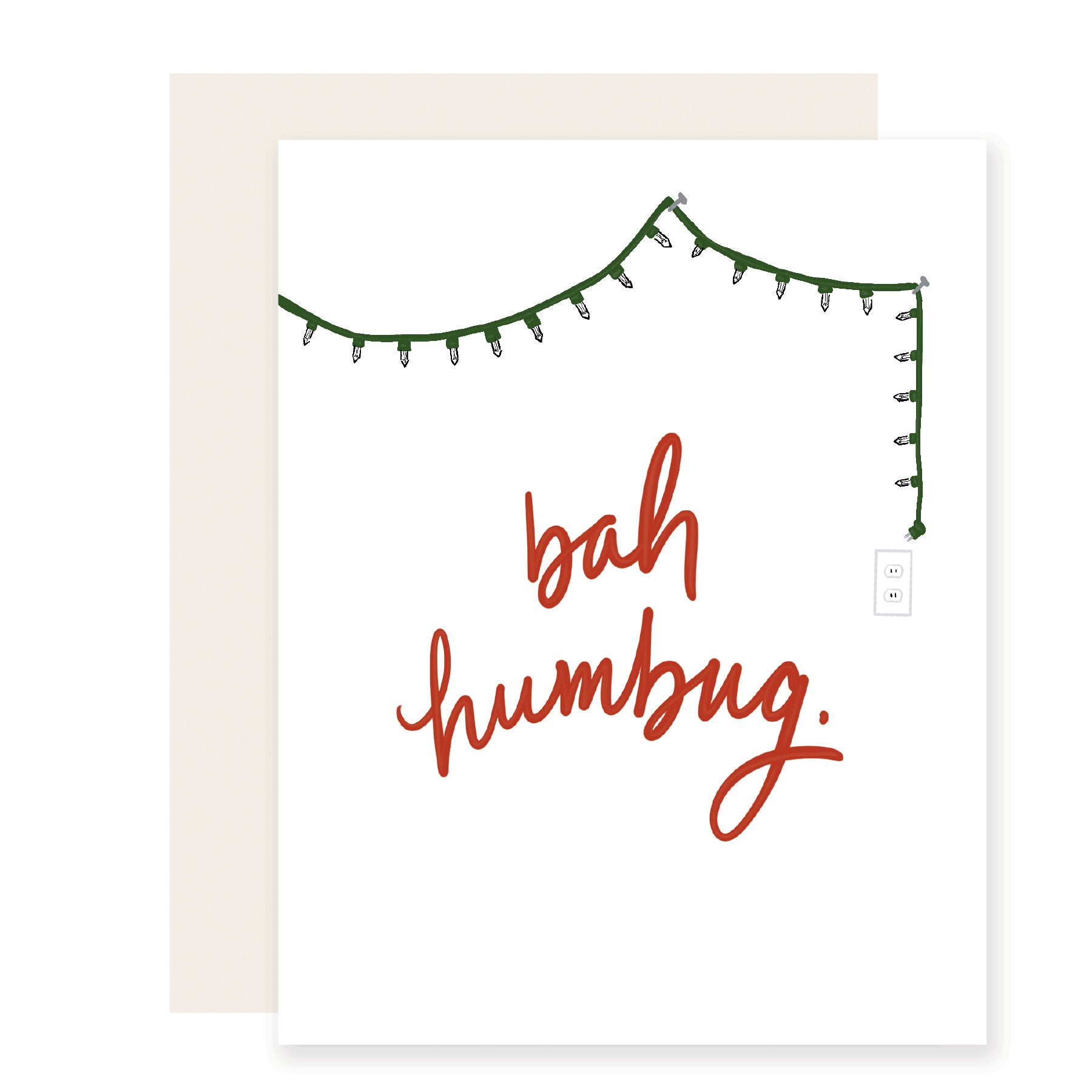  A cheeky holiday card with a minimalist design, featuring a single strand of twinkling lights draped across the top. In bold red letters, the card proclaims 'Bah Humbug,' capturing a playful, festive spirit for those with a humorous take on the season.