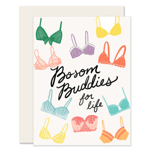 A delightful friendship card titled 'Bosom Buddies,' tailor-made for your BFF! The front features an array of adorably illustrated bras in a playful mix of vibrant colors. Celebrate your unique bond with a touch of whimsy and a burst of friendship flair! 🌈👭