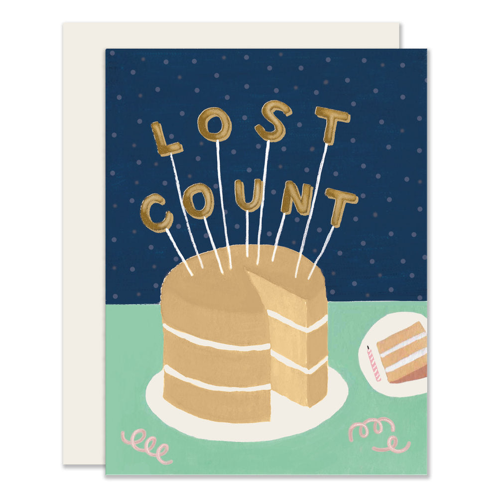 Cheeky and vibrant birthday card in blue and green hues, featuring a cake with 'lost count' on the front, perfect for those unbothered by age or in delightful denial about getting older.