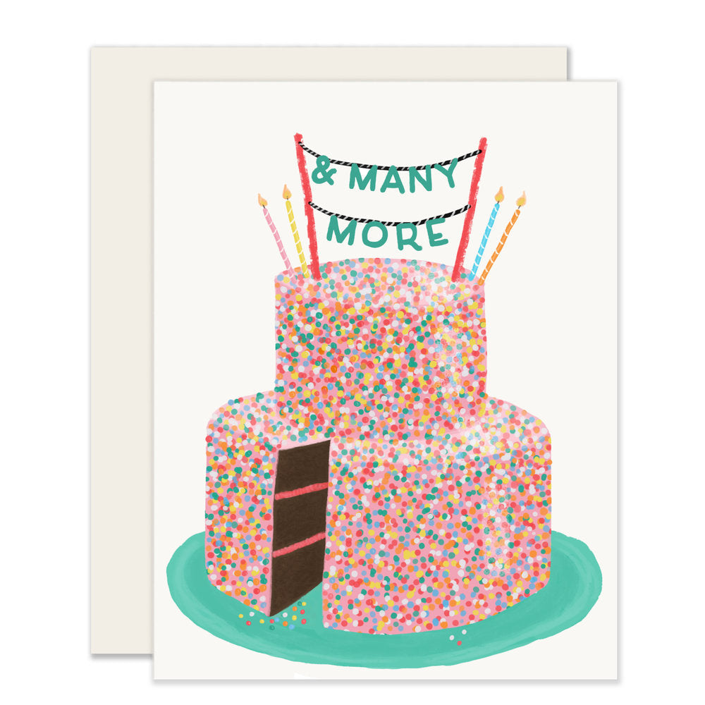 An adorably illustrated birthday card featuring a multi-tiered birthday cake. The cake is colorfully decorated with and topped with candles. The card reads '...and many more.