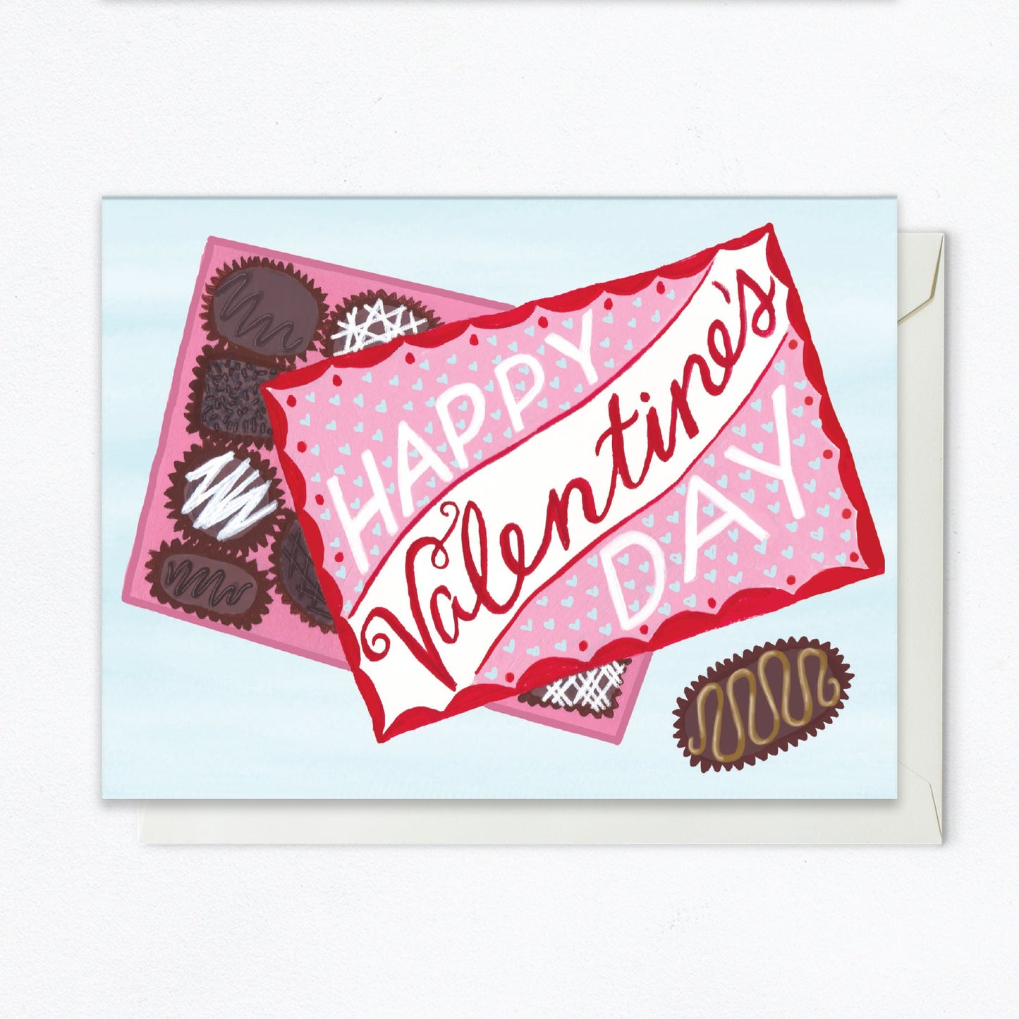 A nicely illustrated Valentine's Day card with a classic box of truffles on the cover—a delightful and tempting design capturing the universal charm of chocolate as the way to anyone's heart.